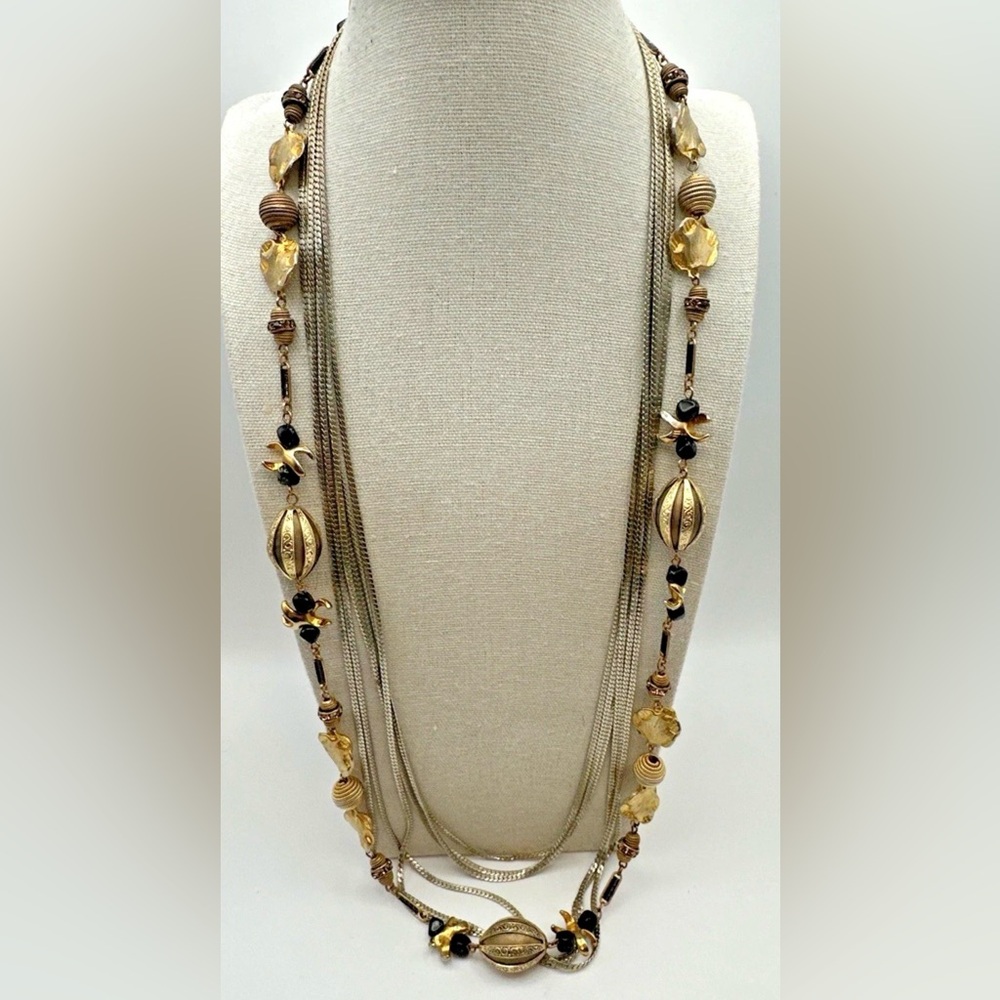 Hattie Carnegie Multi Strand Layered Necklace Silver Gold Black Vtg Long Heavy
